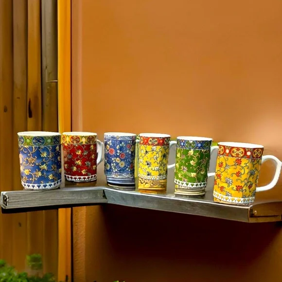 Set of Six (6) Vintage Paisley Print Octagonal Rim Glass Tea Coffee Mugs Cups - Picture 2 of 5